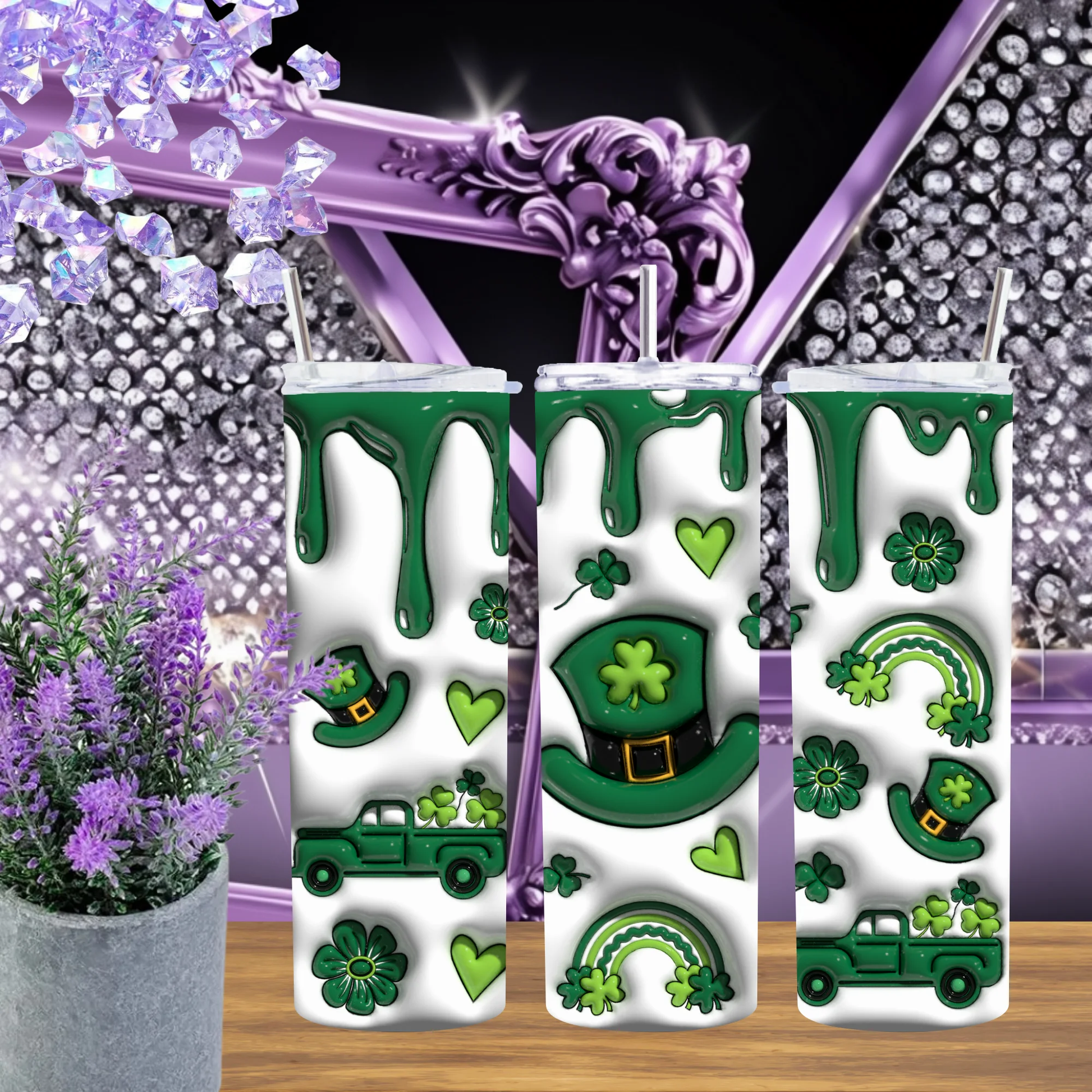 3D Inflated St Patrick Day 20oz Tumbler Puffy Lucky Charm Green Drip Shamrock Drinkware Leprechaun Hat Mug Gift by Marie Gems