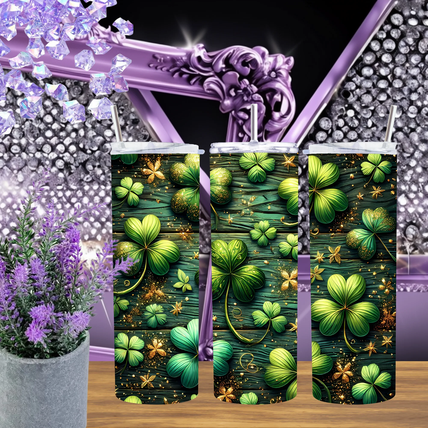 Rustic Wood Shamrock 20oz Tumbler Green Glitter Clover St Patricks Day Drinkware Lucky Green Wood Grain Gift by Marie Gems