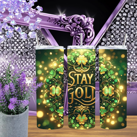 Stay Gold St Patricks Day 20oz Tumbler, Elegant Golden Clover 30oz Cup, Lucky Shamrock Drinkware, Luxury Green Holiday Gift, Irish Pride Mug by Marie Gems