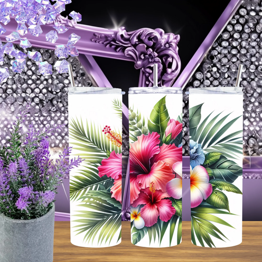 Tropical Hibiscus 20oz Tumbler And Paradise Floral 30oz Cup Exotic Plumeria Drinkware For Summer Vacation Gift Beach Mug by Marie Gems