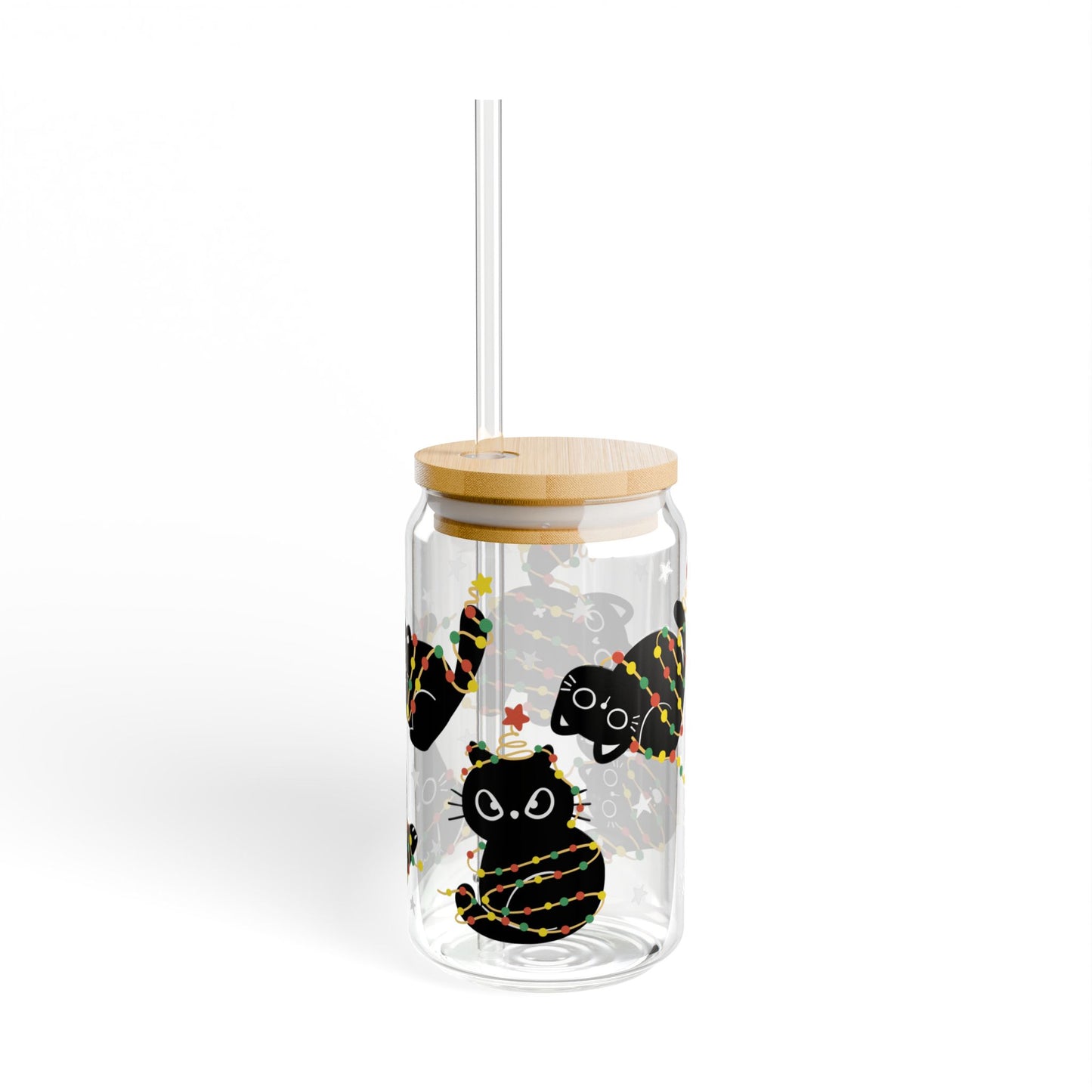 Tangled Christmas Cat Libbey Glass Can Cup 16oz – Funny Holiday Cat Tumbler with Lid & Straw, Cute Gift for Cat Lovers