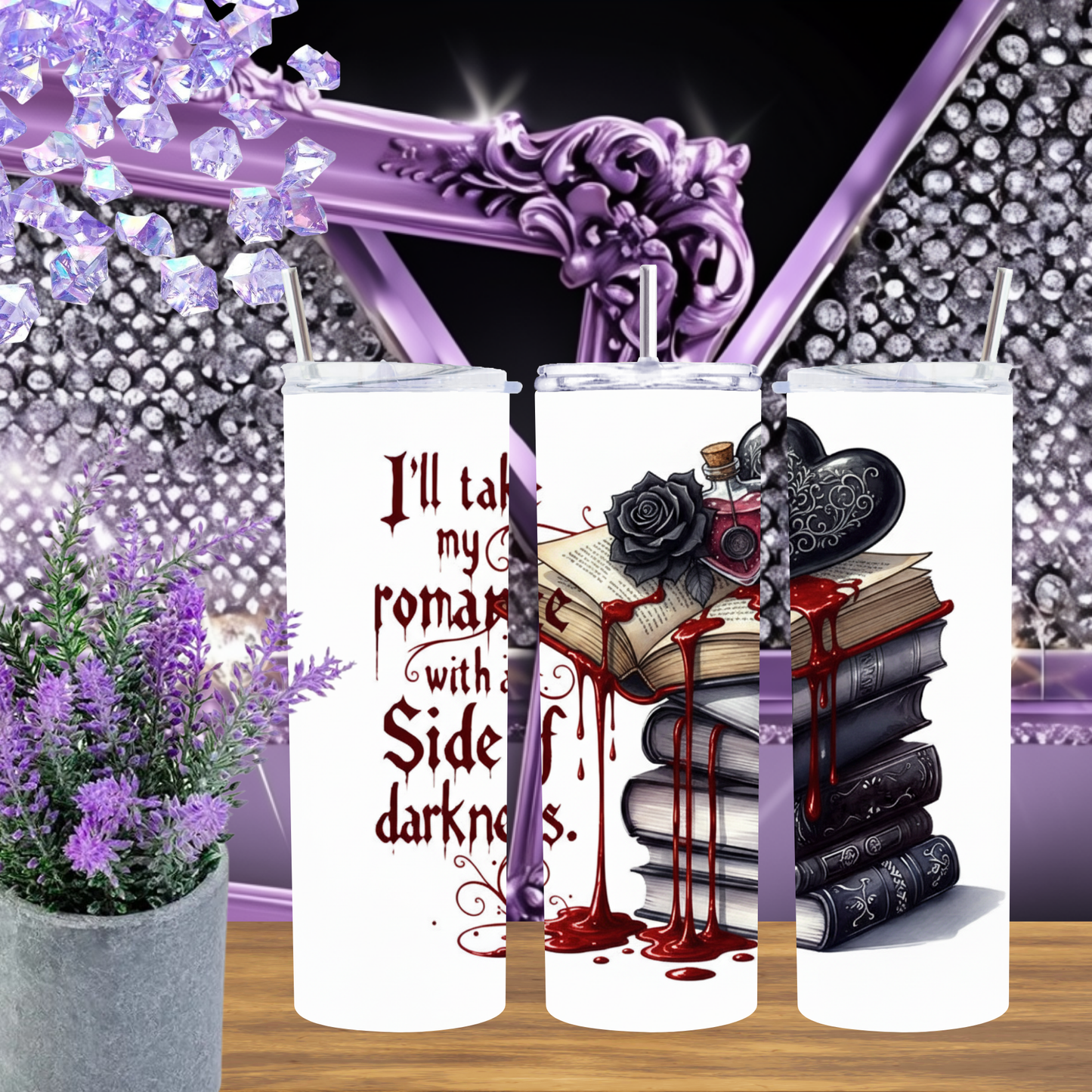 I'll Take My Romance with a Side of Darkness" 20oz Tumbler, Gothic Bookish Gift for Dark Romance Reader, Spooky Book Lover