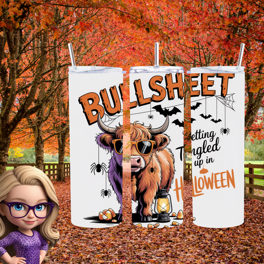 Bullsheet Highland Cow 20oz Skinny Tumbler, Tangled in Halloween, Funny Spooky Season Physical Tumbler for Cow Lovers