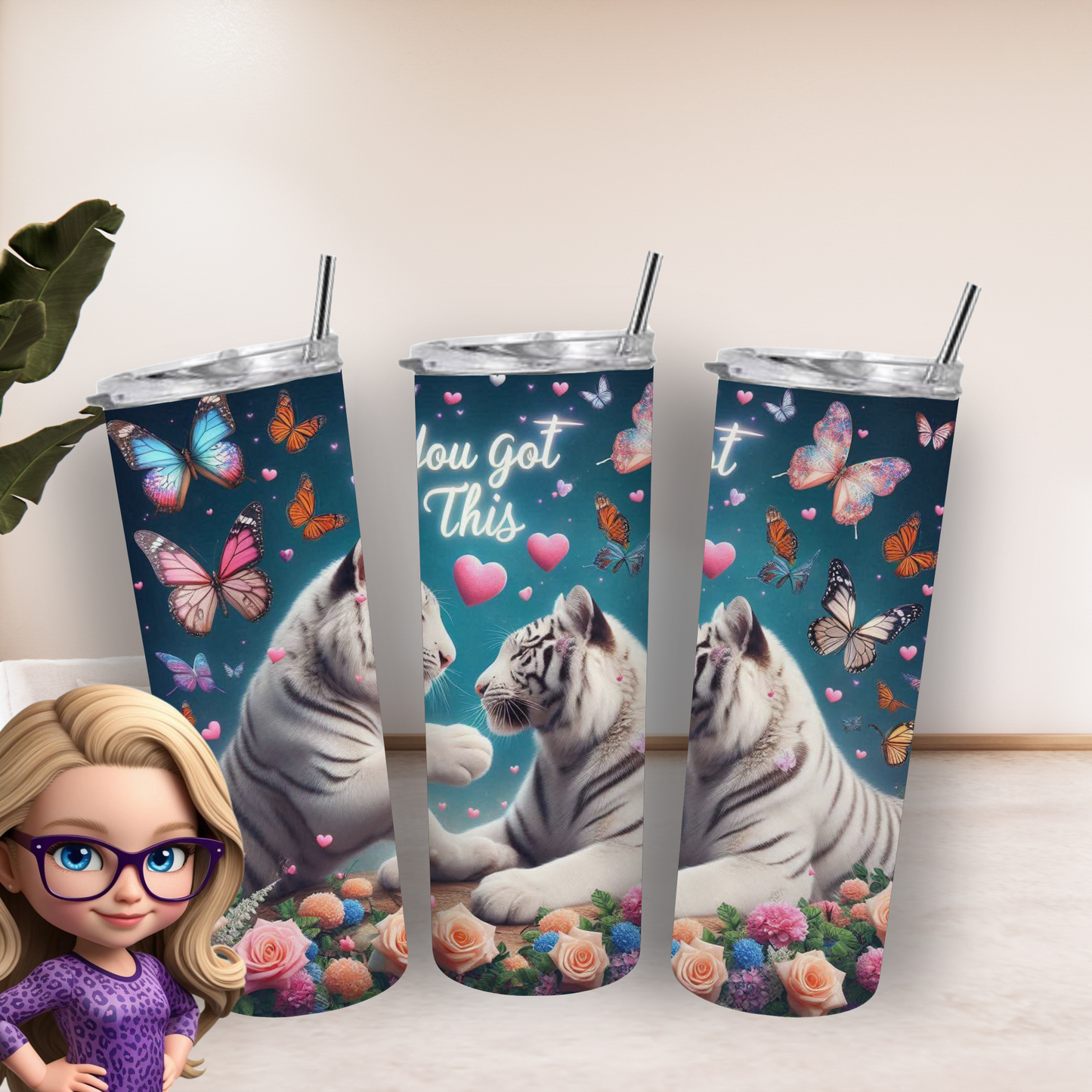 White Tiger Love Tumbler – Insulated 20oz Skinny Cup with Butterflies & Flowers for Daily Motivation