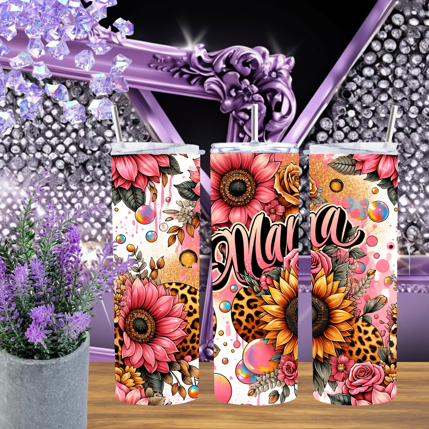 Mama Tumbler 20 oz – Leopard Sunflower Pink Floral Tumbler for Mom, Bold Skinny Cup with Lid & Straw, Mother’s Day Gift Idea