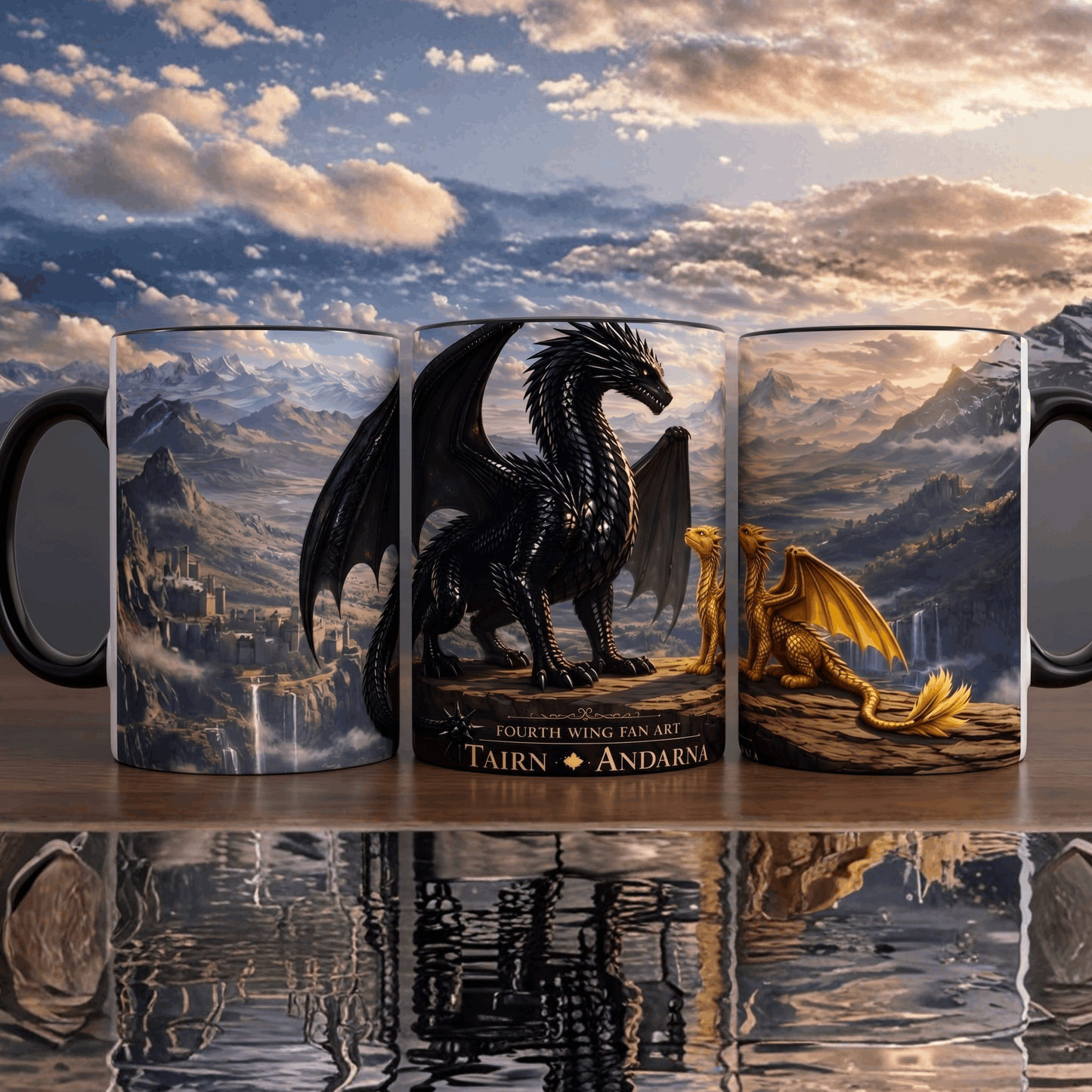 An image of the 15oz Fourth Wing Tairn & Andarna dragon art mug, showcased from three different angles with a dynamic cloudy background, highlighting the full-wrap design.