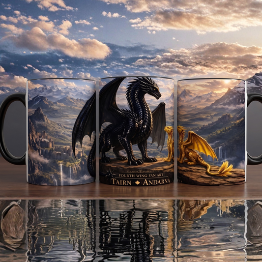 An image of the 15oz Fourth Wing Tairn & Andarna dragon art mug, showcased from three different angles with a dynamic cloudy background, highlighting the full-wrap design.