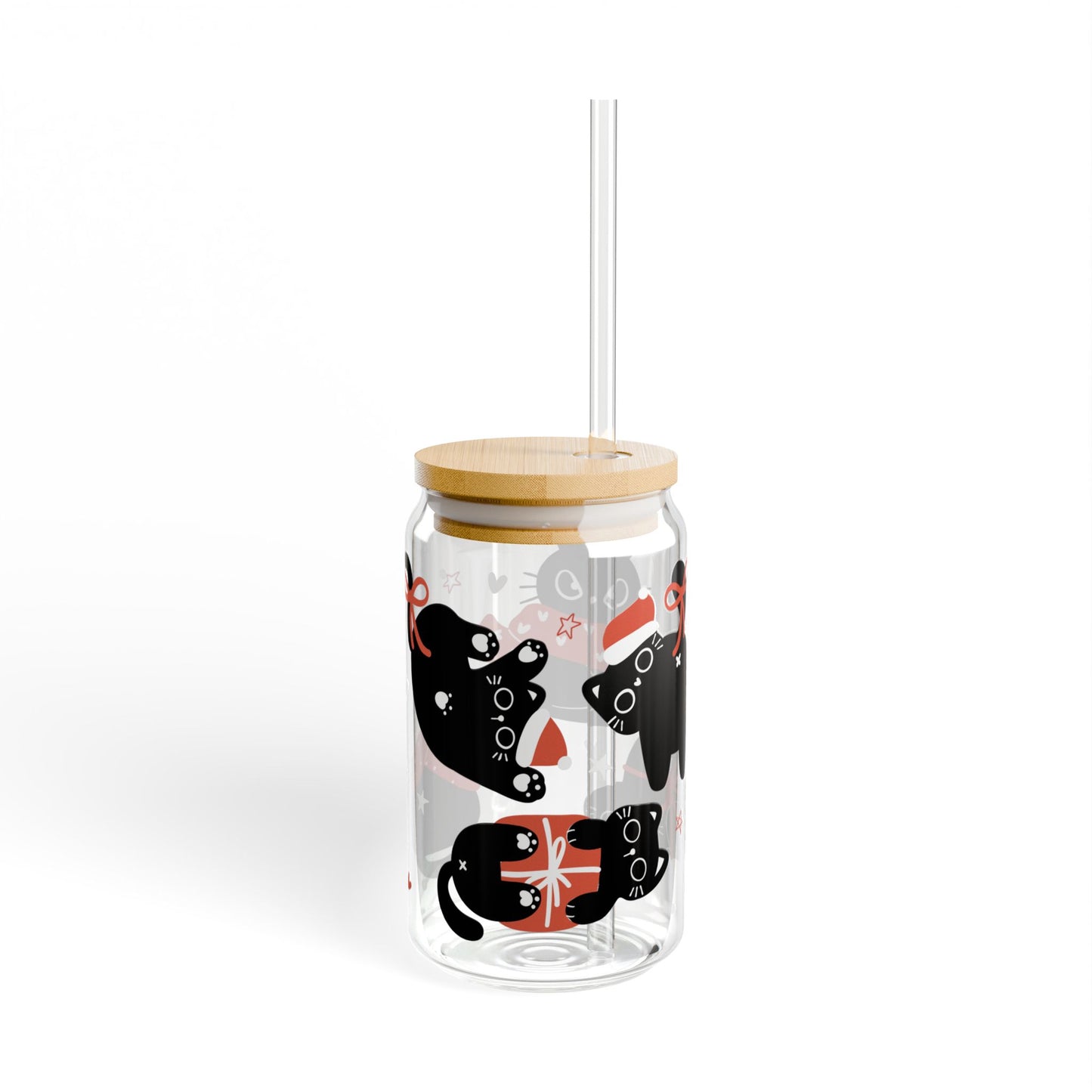 Christmas Cat Libbey Glass Can Cup 16oz – Cute Holiday Black Cat Tumbler with Lid & Straw, Kawaii Christmas Gift for Cat Lovers