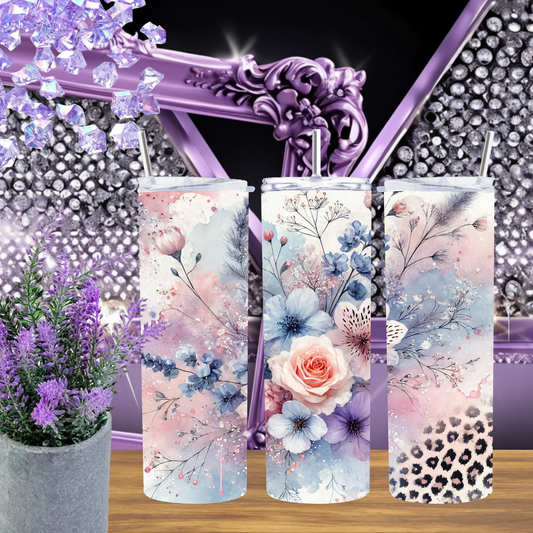 Pastel Leopard Blooms 20oz Tumbler Soft Floral Watercolor Drinkware Dusty Pink And Blue Gift For Her by Marie Gems