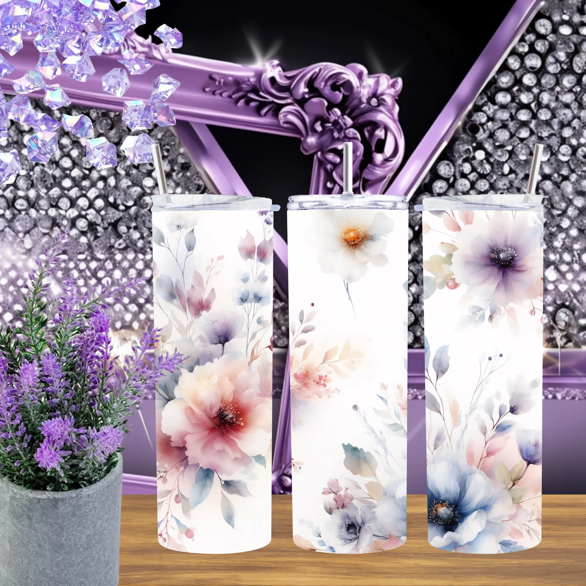 Ethereal Watercolor 20oz Tumbler And 30oz Cup Gift Set Soft Floral Drinkware Pastel Garden Botanicals by Marie Gems