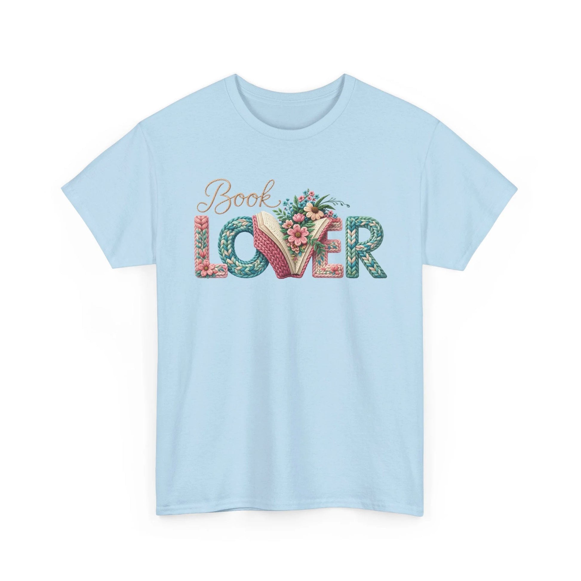 Light blue cotton T-shirt with floral LOVER typography and an open-book motif.