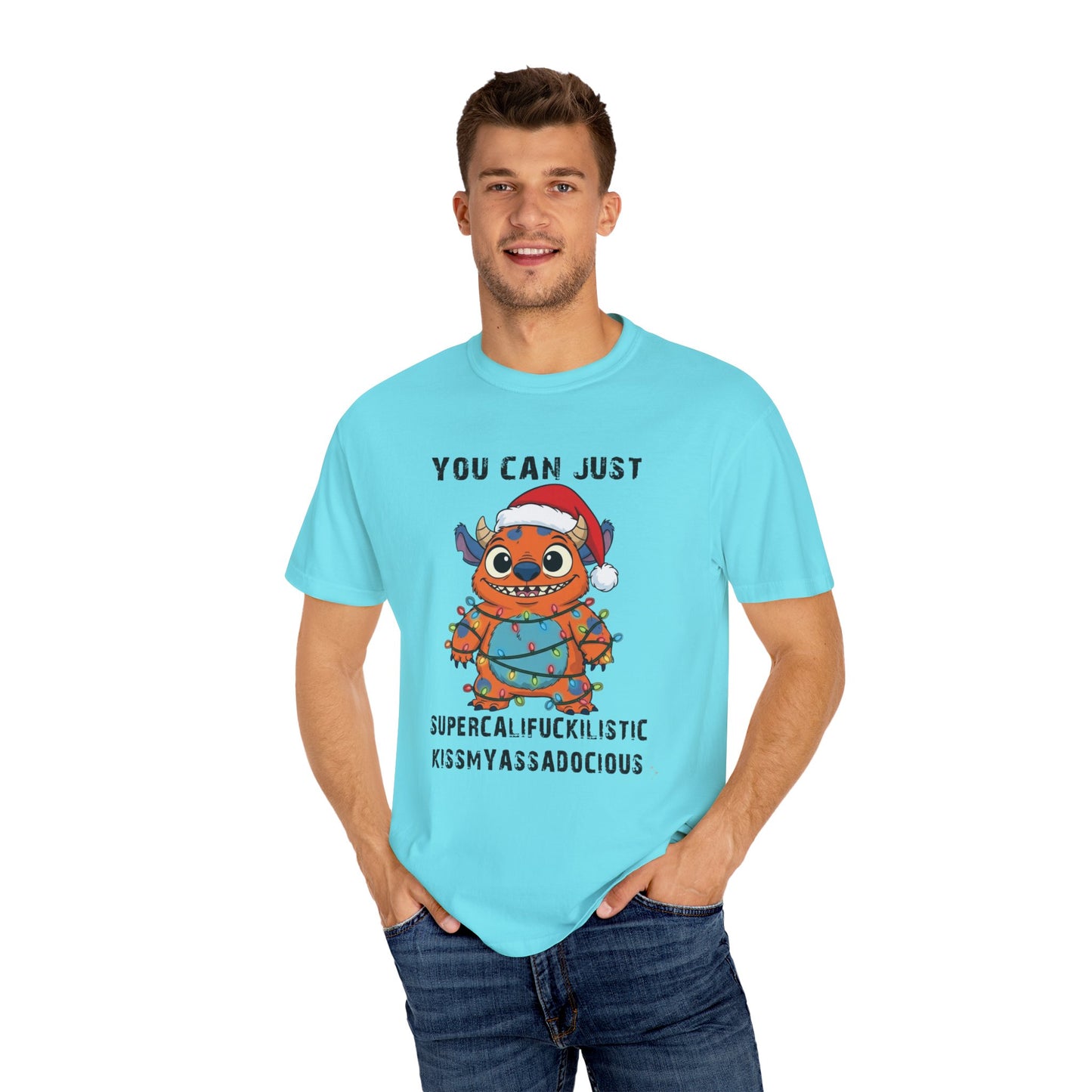 Funny Christmas Monster T-Shirt: Holiday Lights Alien Creature with Santa Hat | Adult & Kid Festive Gag Gift Tee