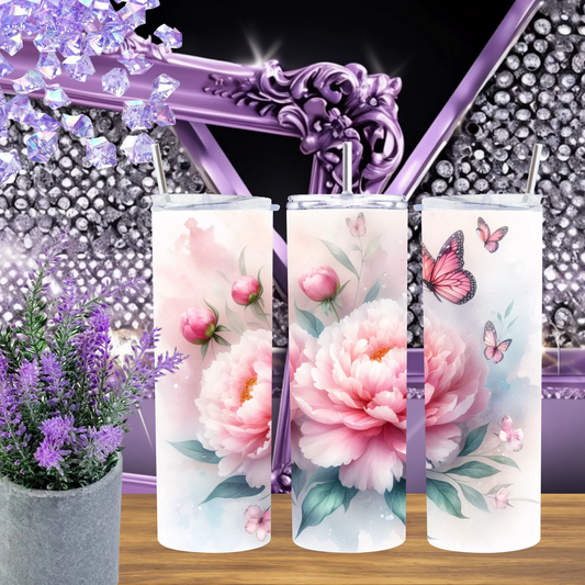 Peony Butterfly 20oz Tumbler And 30oz Cup Romantic Aesthetic Watercolor Pink Floral Drinkware Gift For Her by Marie Gems