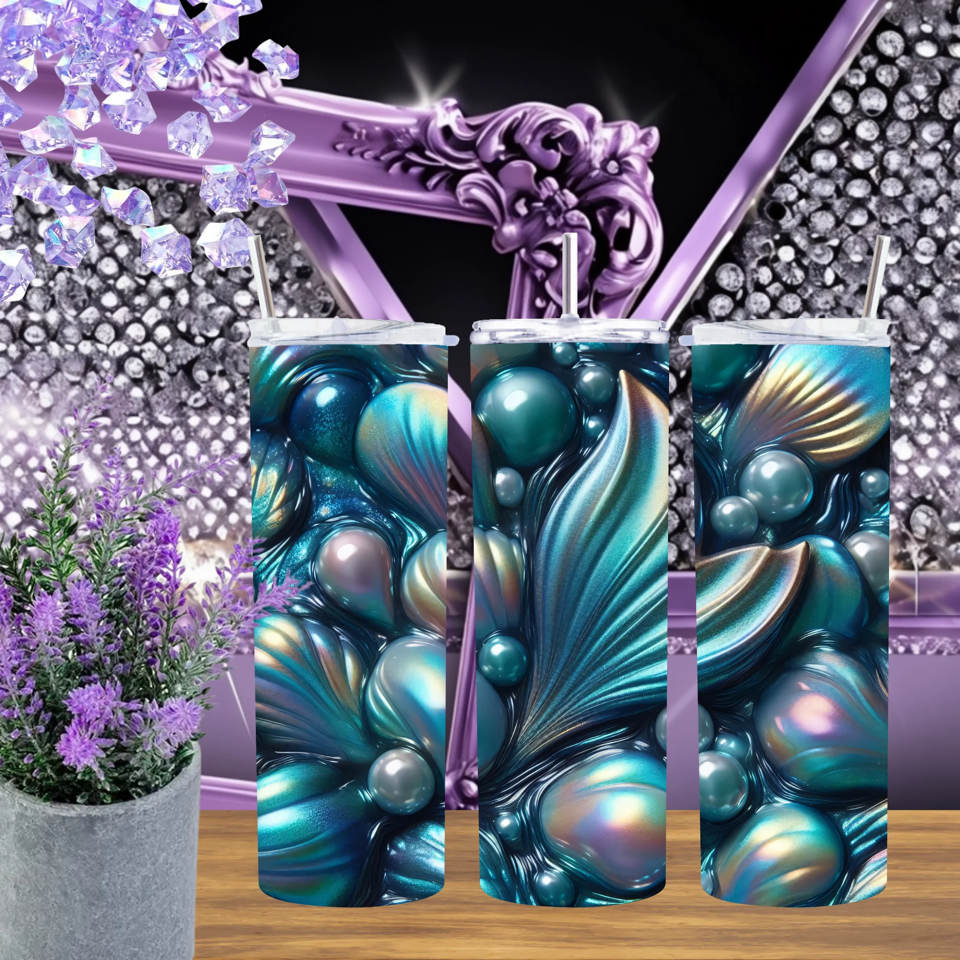 3D Teal Pearl 20oz Tumbler and Iridescent Shell 30oz Cup Mermaid Core Drinkware Ocean Aesthetic Gift For Her by Marie Gems