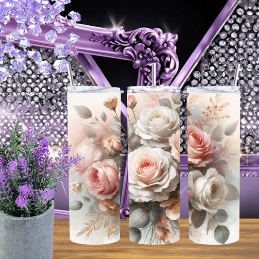 Cream and Peach Rose 20oz Tumbler Elegant Floral Soft Botanical Drinkware Bridesmaid Gift for Her by Marie Gems