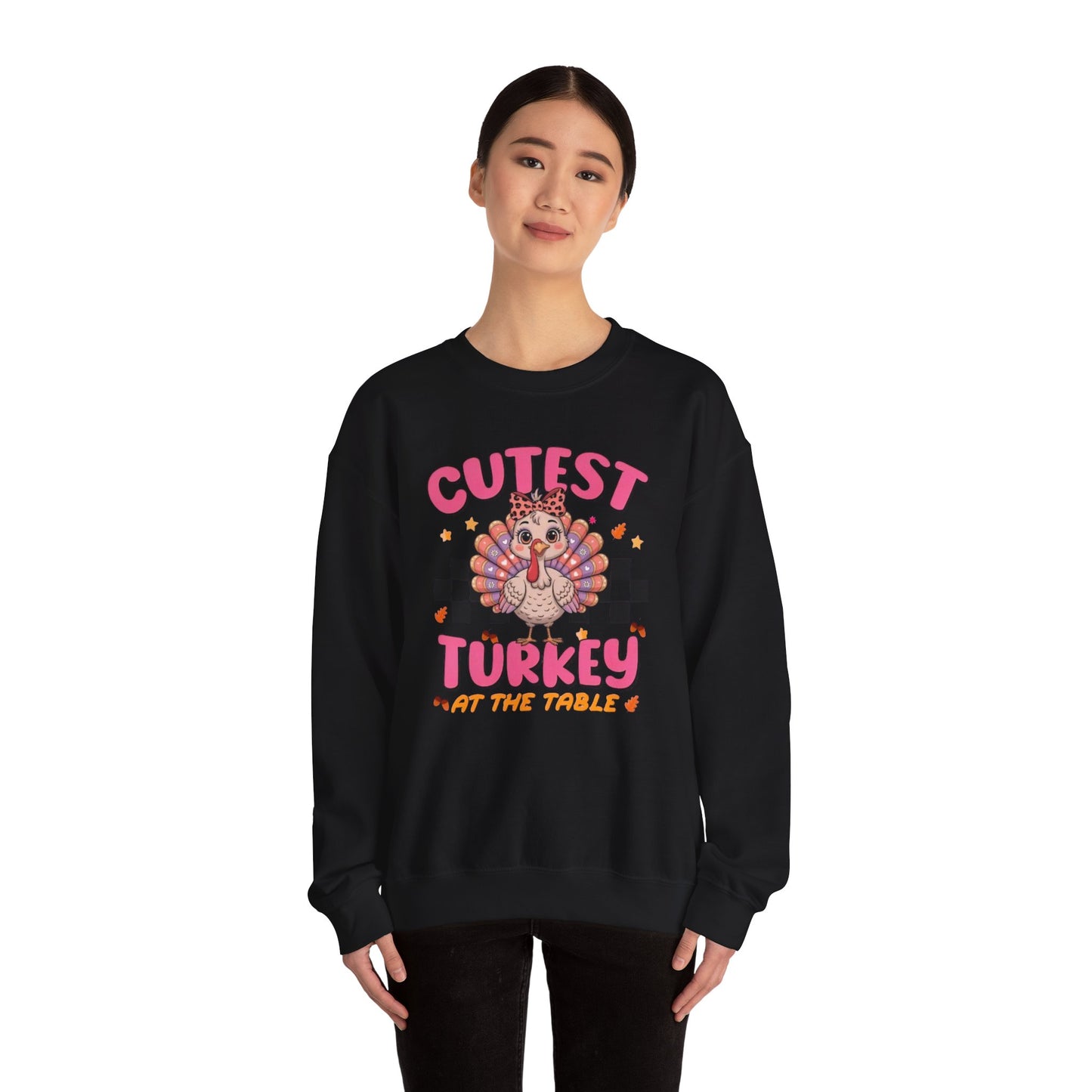 Chic Retro Turkey Thanksgiving Sweatshirt: Cutest At The Table – Cozy Crewneck in Purple, Pink, & More Colors for Holiday Family Gatherings