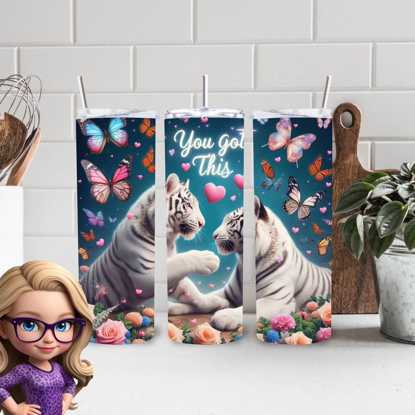 White Tiger Love Tumbler – Insulated 20oz Skinny Cup with Butterflies & Flowers for Daily Motivation