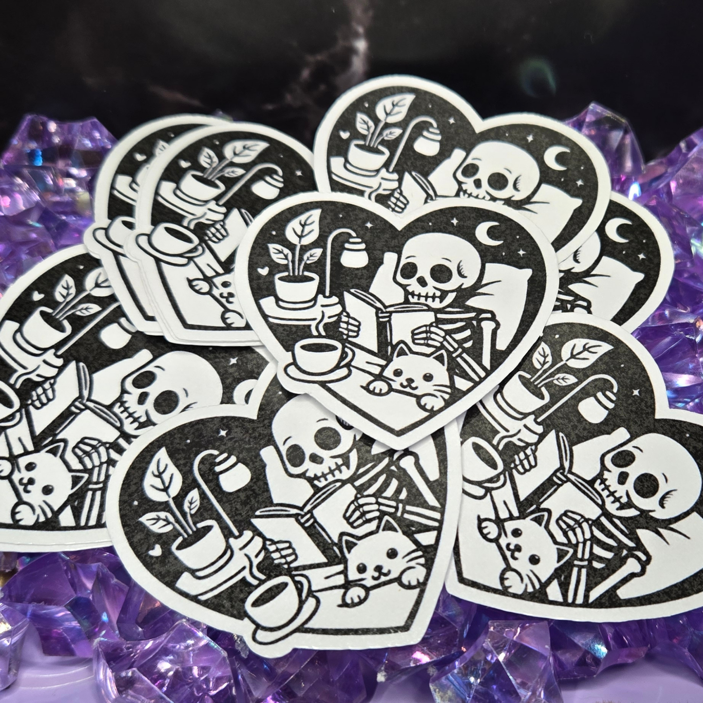 Cozy Skeleton Reading Sticker - Spooky Book Lover & Cat Friend Decal - Gothic Comfort Scene