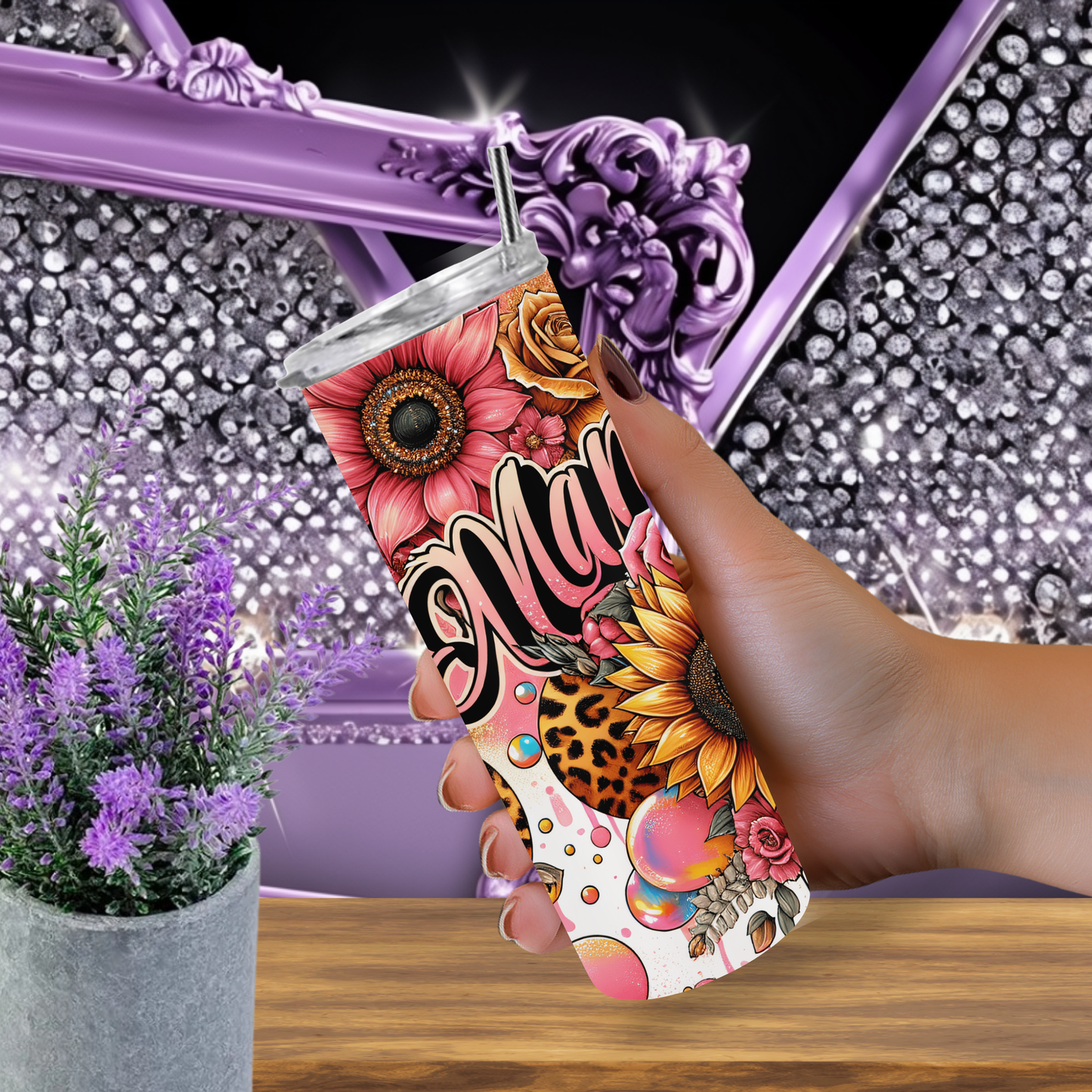 Mama Tumbler 20 oz – Leopard Sunflower Pink Floral Tumbler for Mom, Bold Skinny Cup with Lid & Straw, Mother’s Day Gift Idea