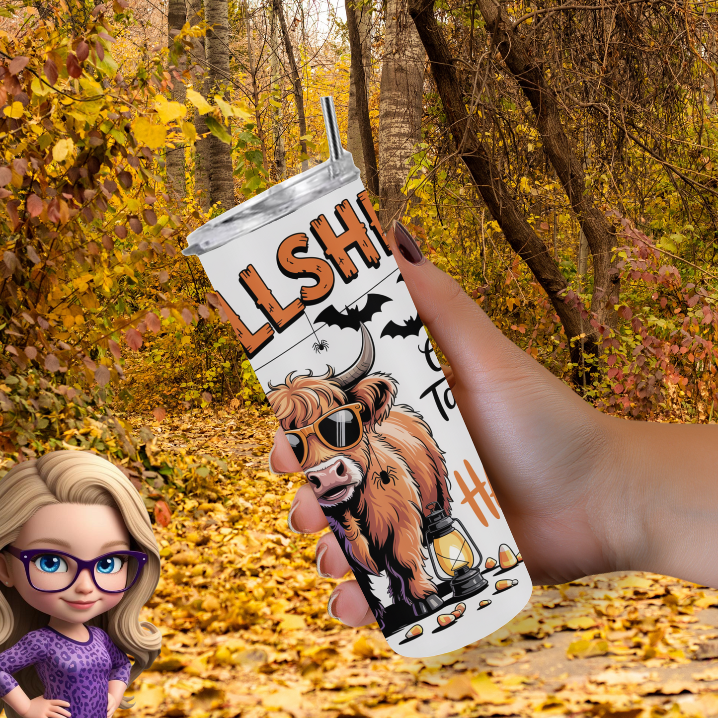 Bullsheet Highland Cow 20oz Skinny Tumbler, Tangled in Halloween, Funny Spooky Season Physical Tumbler for Cow Lovers