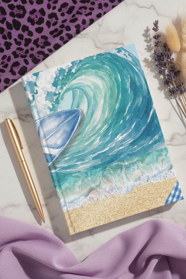 Beach Surf Journal Handmade Hardcover Lined Journal showing beach surf journal artwork with hardcover lined journal, ocean wave notebook, beach surf journal