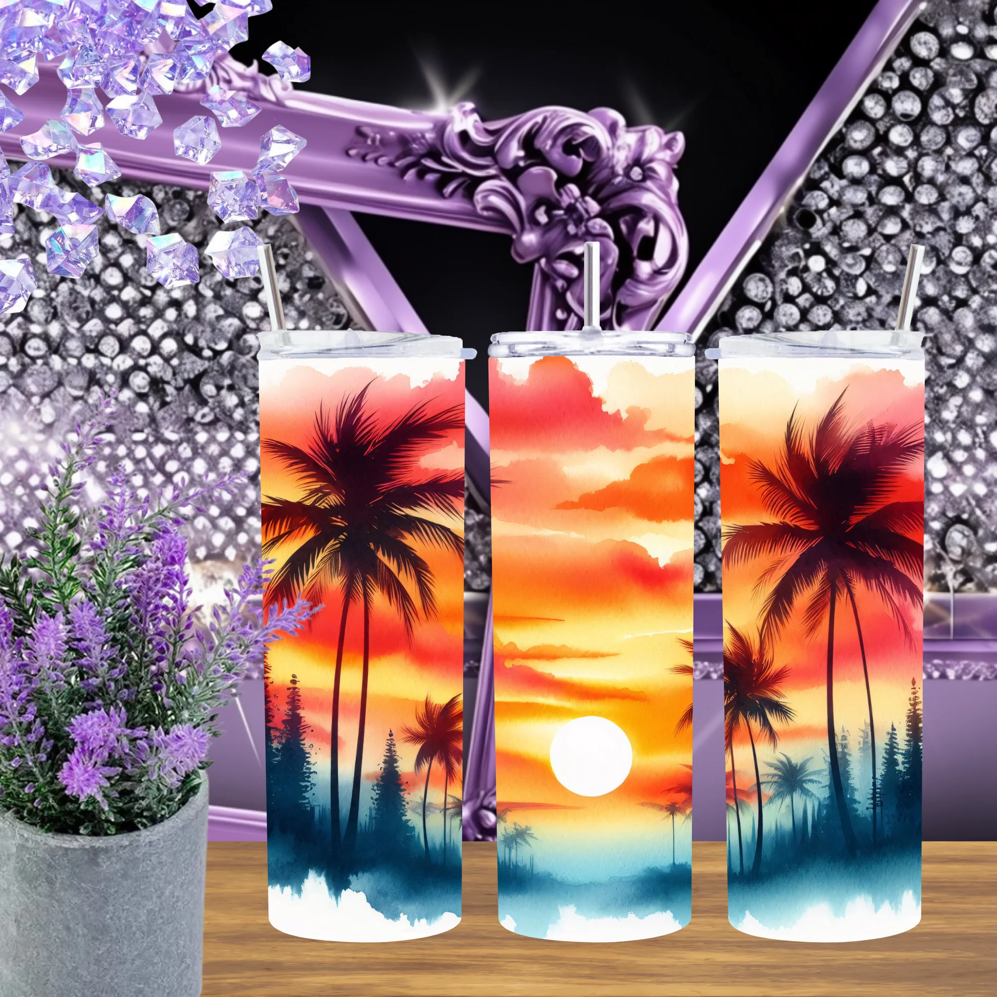 Watercolor Sunset Palms 20oz Tumbler and 30oz Cup Tropical Island Drinkware Palm Tree Horizon Mug Gift for Her by Marie Gems