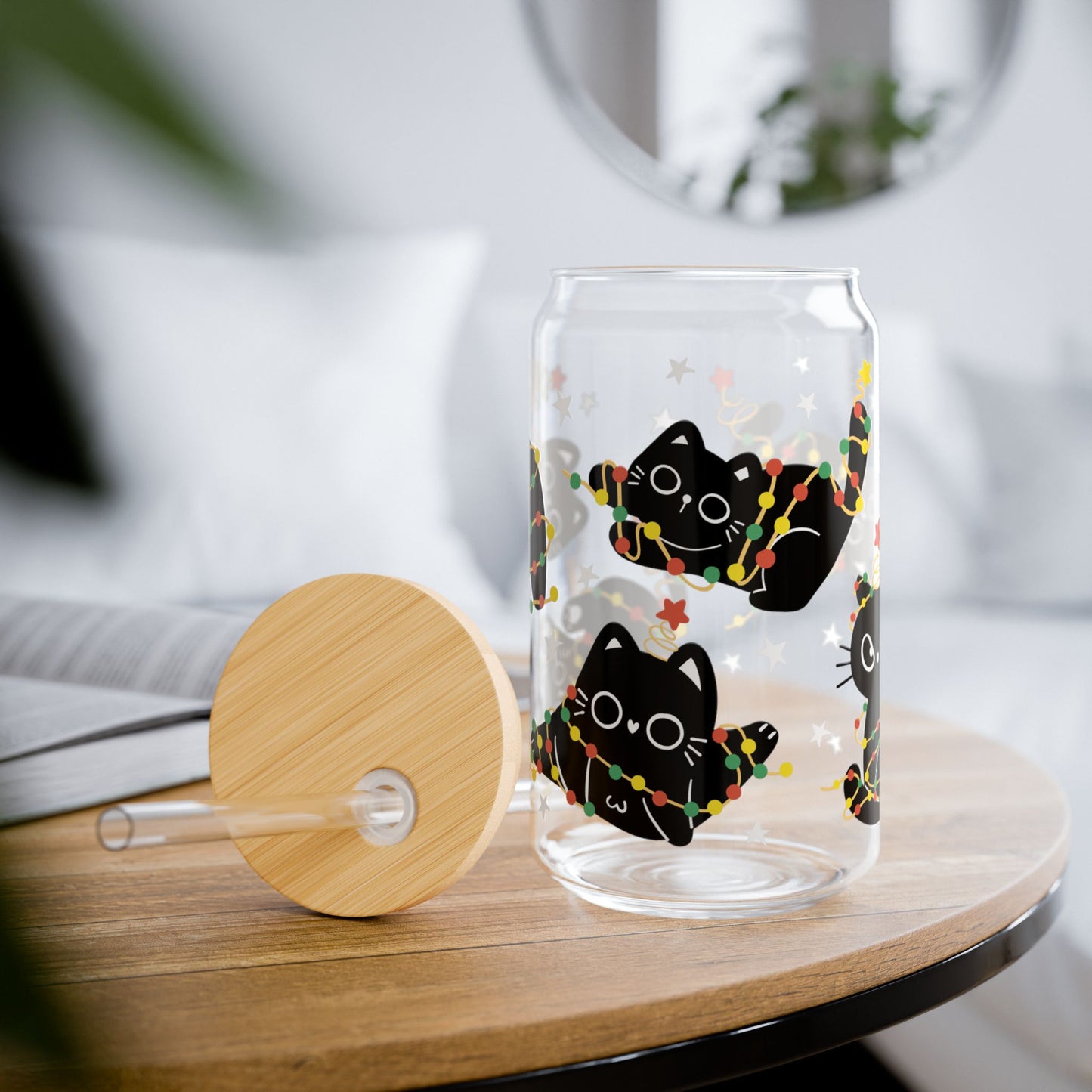 Tangled Christmas Cat Libbey Glass Can Cup 16oz – Funny Holiday Cat Tumbler with Lid & Straw, Cute Gift for Cat Lovers