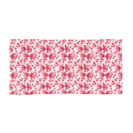 Sweet Pink Bows & Cherries Beach Towel - Soft, Absorbent, and Stylish Summer Essential