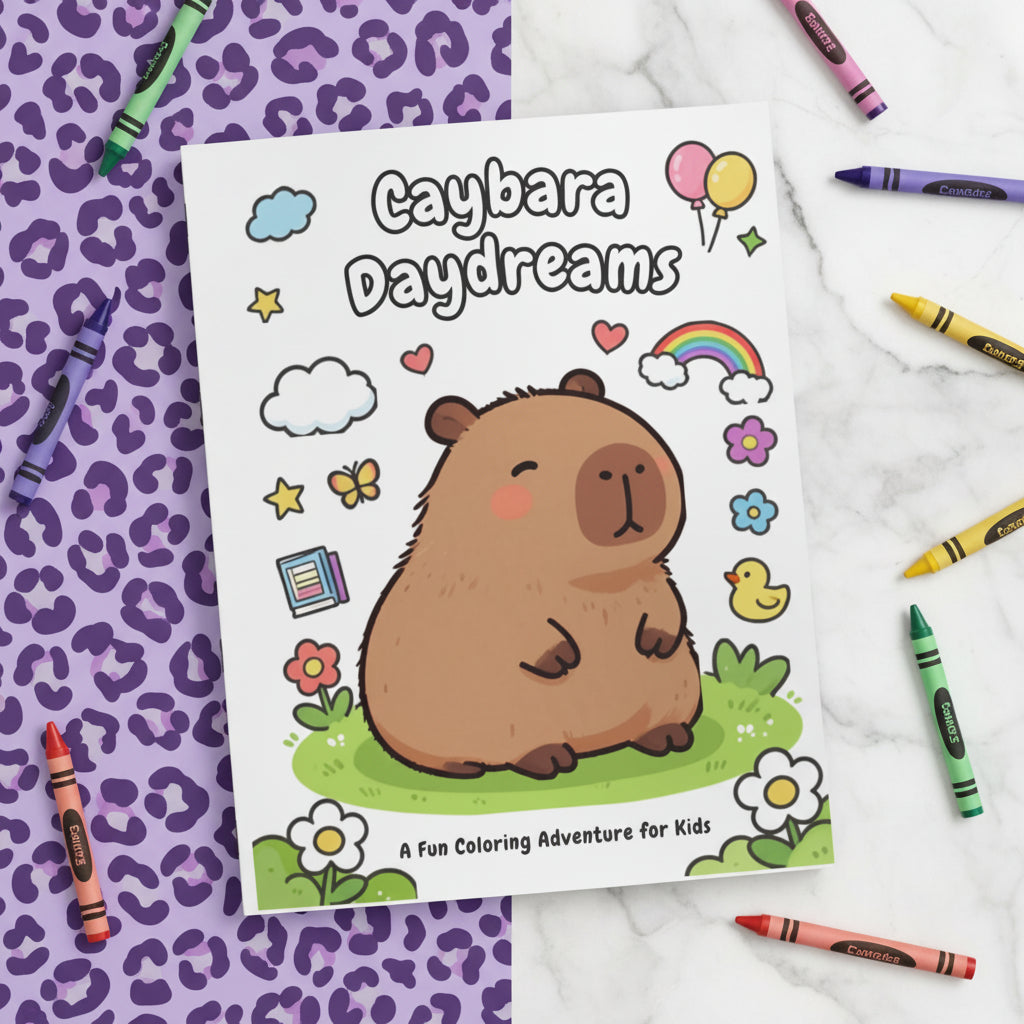 Cute capybara coloring book front cover with playful animal illustrations