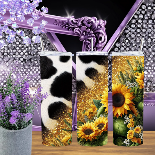 Glitter Gold Sunflower 20oz Tumbler Cow Print Western Floral Drinkware Glam Sparkle For Her by Marie Gems