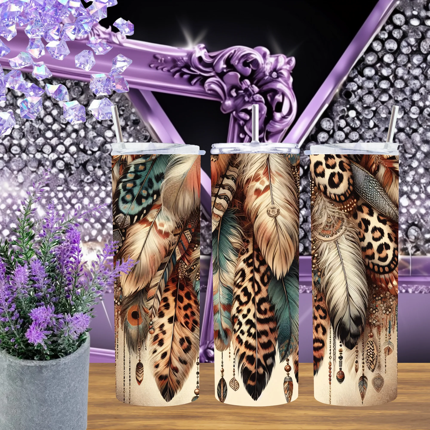 Boho Leopard Feather 20oz Tumbler And Turquoise Plume 30oz Cup Set Western Chic Gypsy Soul Gift For Her by Marie Gems