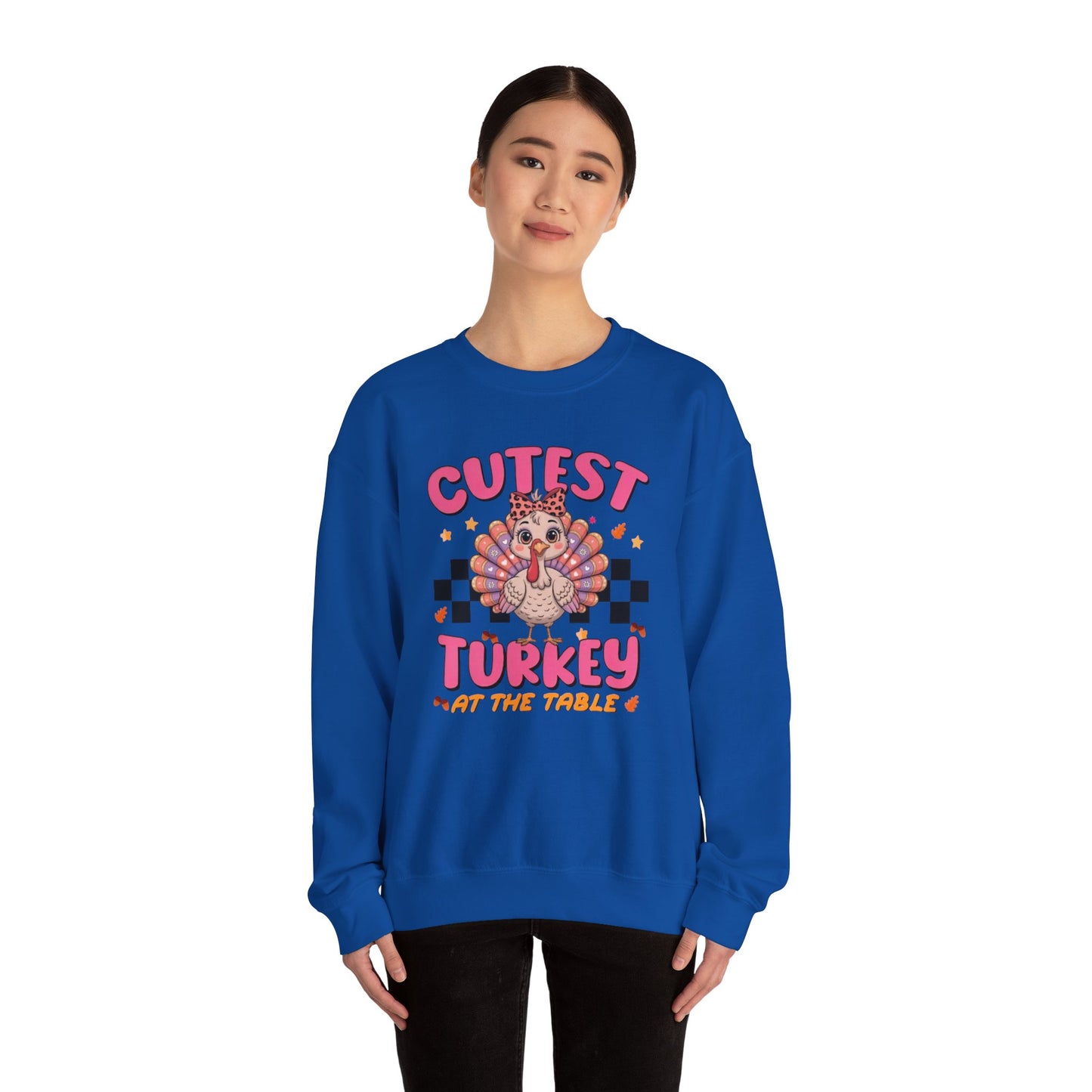 Chic Retro Turkey Thanksgiving Sweatshirt: Cutest At The Table – Cozy Crewneck in Purple, Pink, & More Colors for Holiday Family Gatherings