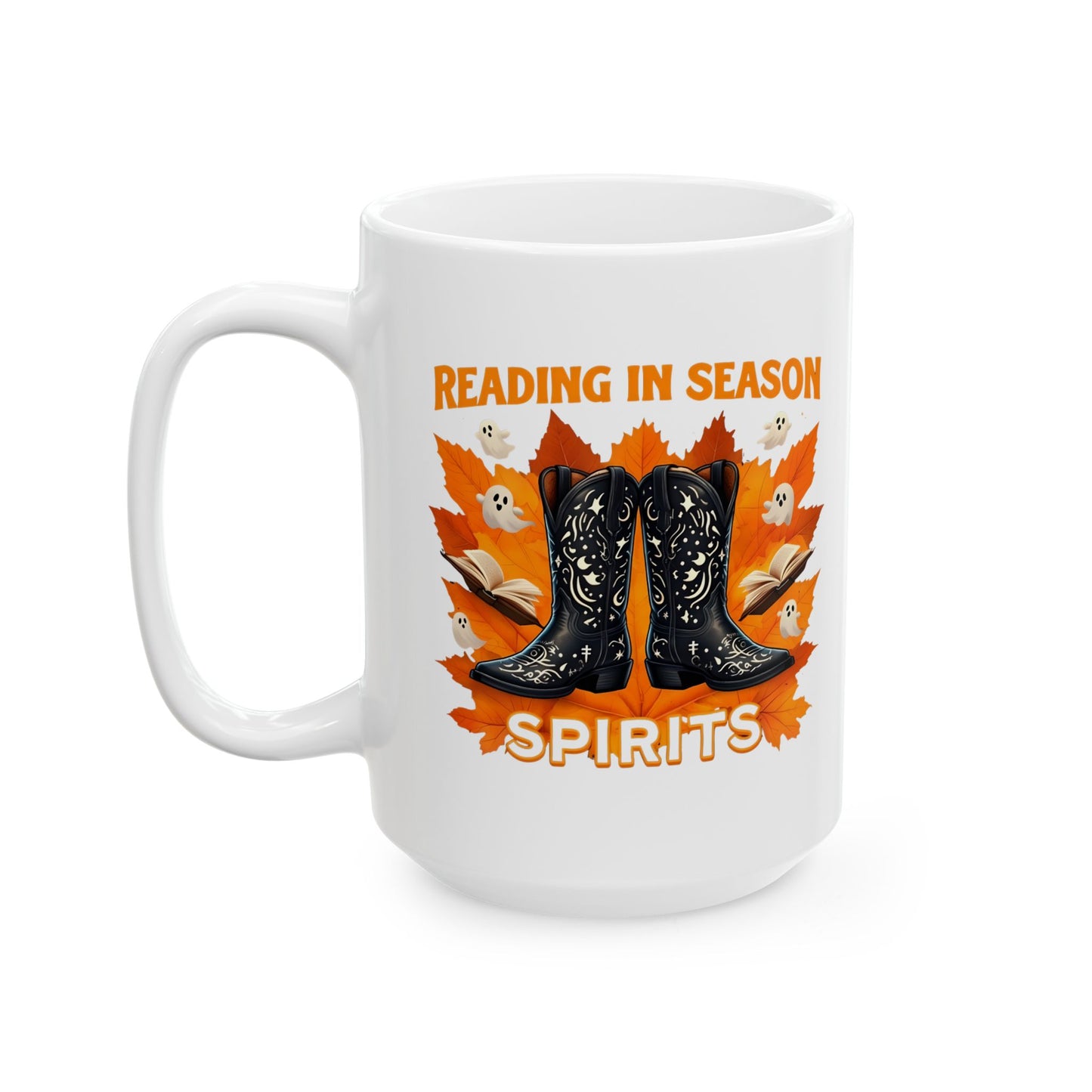 Western Book Lover Mug, Halloween Reading Mug, Cowboy Boots Fall Mug, Spooky Season Coffee Cup, Cozy Bookworm Mug, Literary Drinkware