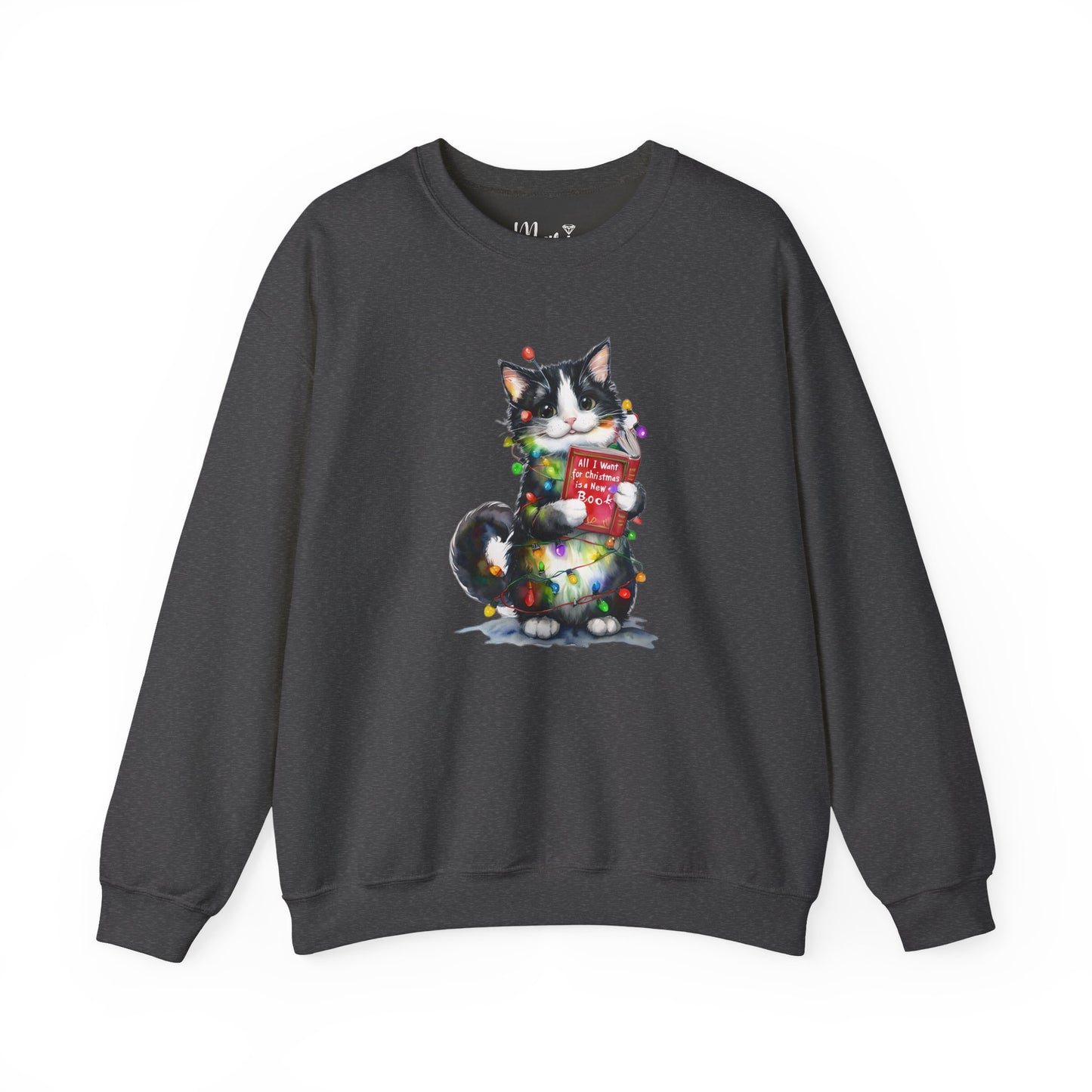 All I Want for Christmas Is a New Book Cat Crewneck Sweatshirt, Bookworm Holiday Sweater, Cat Lover Gift, Funny Christmas Sweater