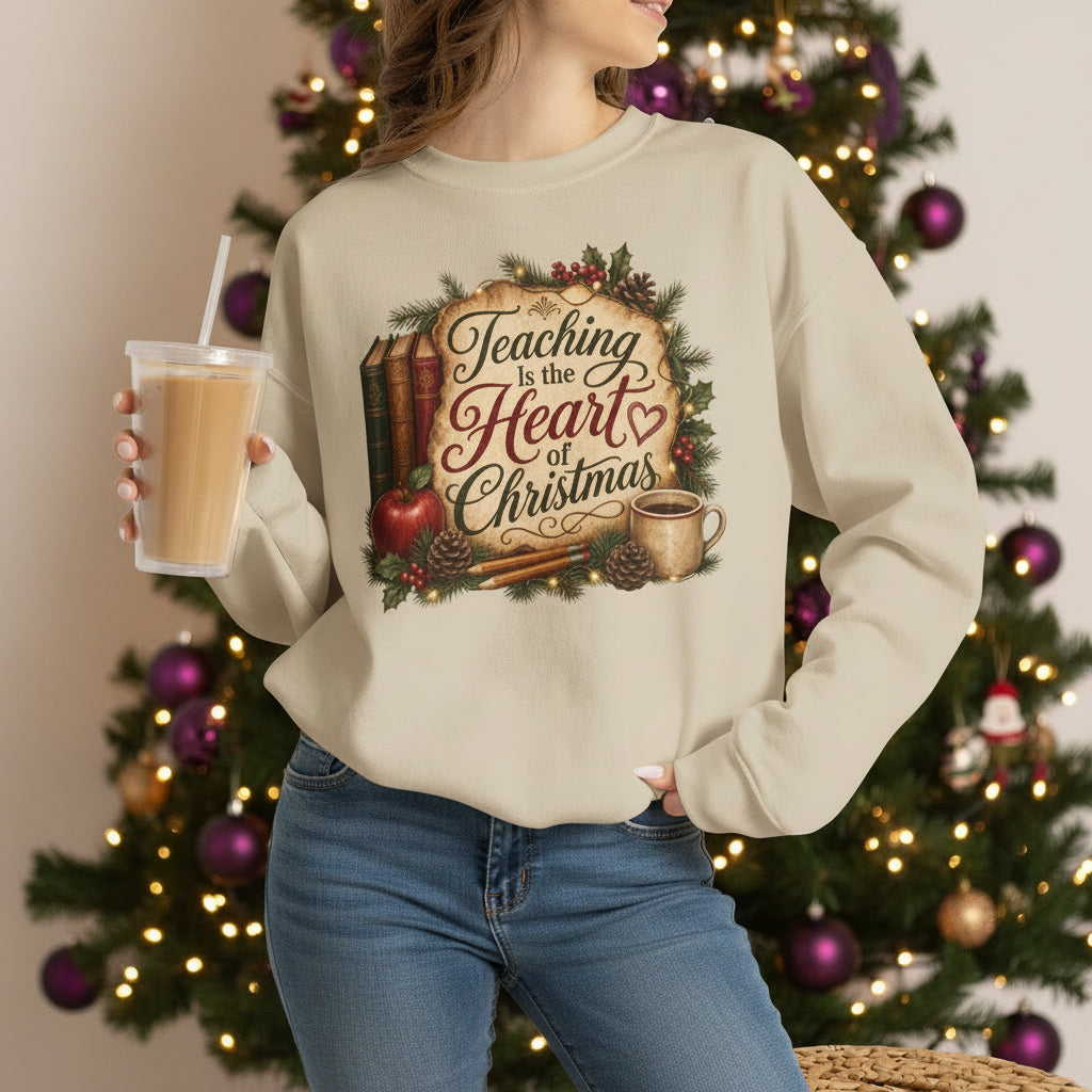 Teaching Is the Heart of Christmas teacher sweatshirt design close-up
