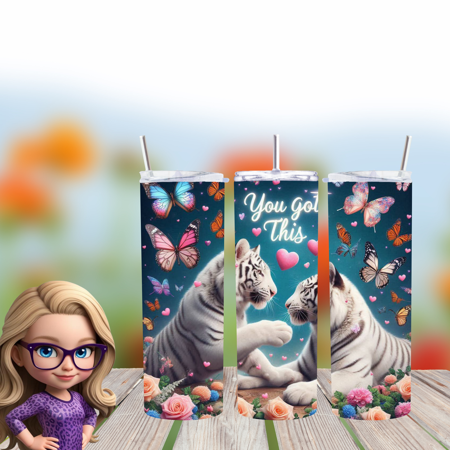 White Tiger Love Tumbler – Insulated 20oz Skinny Cup with Butterflies & Flowers for Daily Motivation