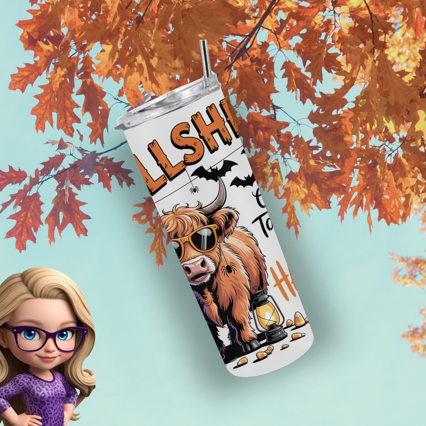 Bullsheet Highland Cow 20oz Skinny Tumbler, Tangled in Halloween, Funny Spooky Season Physical Tumbler for Cow Lovers