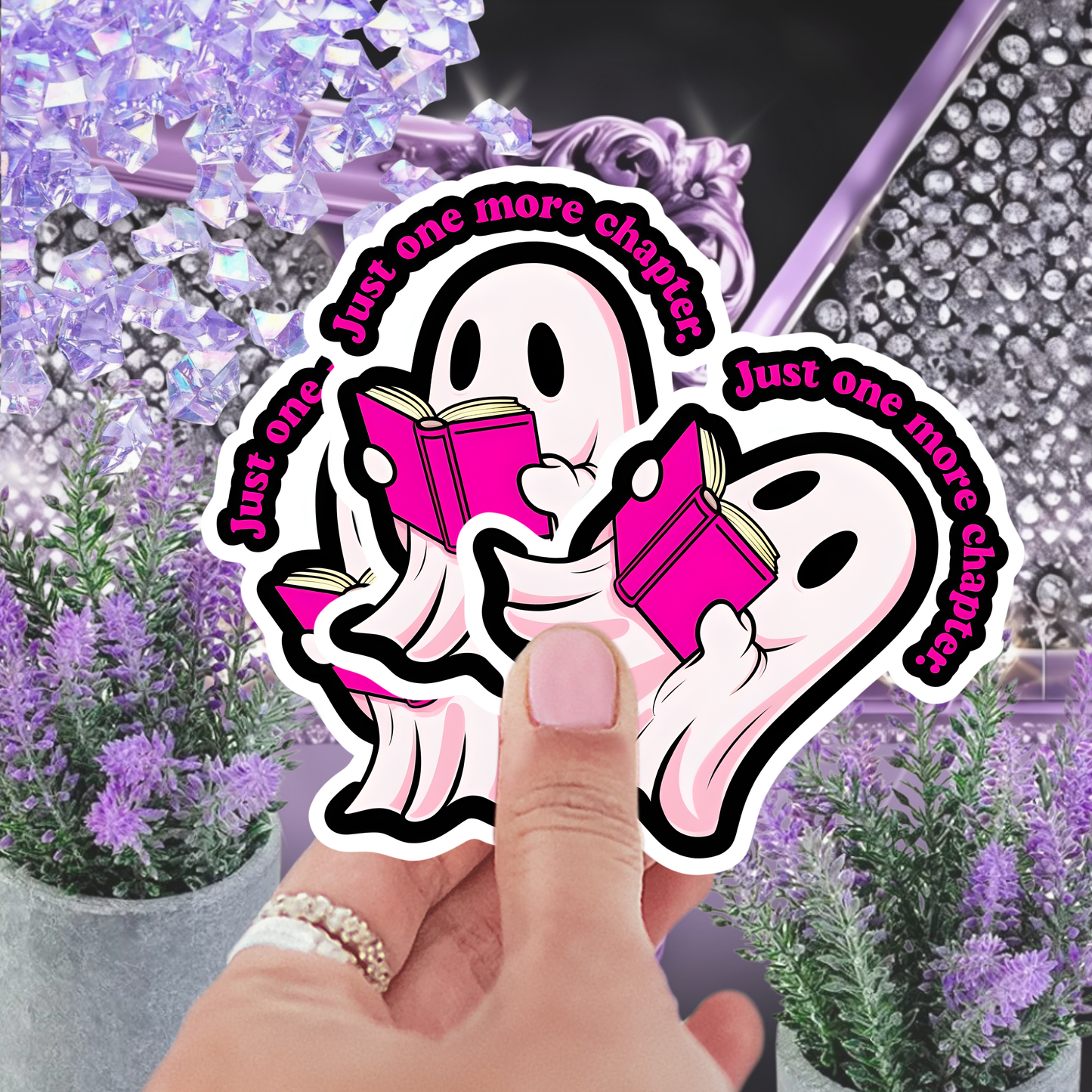Just One More Chapter" Ghost Sticker - Book Lover's Cute Decal for Laptops & Journals