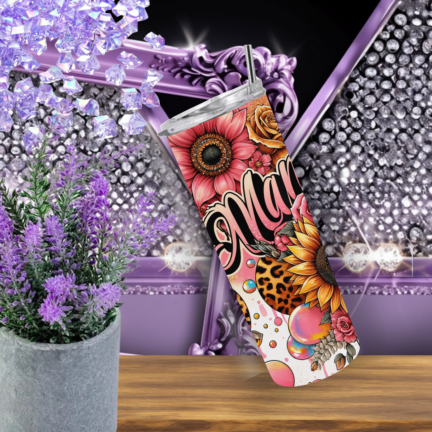 Mama Tumbler 20 oz – Leopard Sunflower Pink Floral Tumbler for Mom, Bold Skinny Cup with Lid & Straw, Mother’s Day Gift Idea