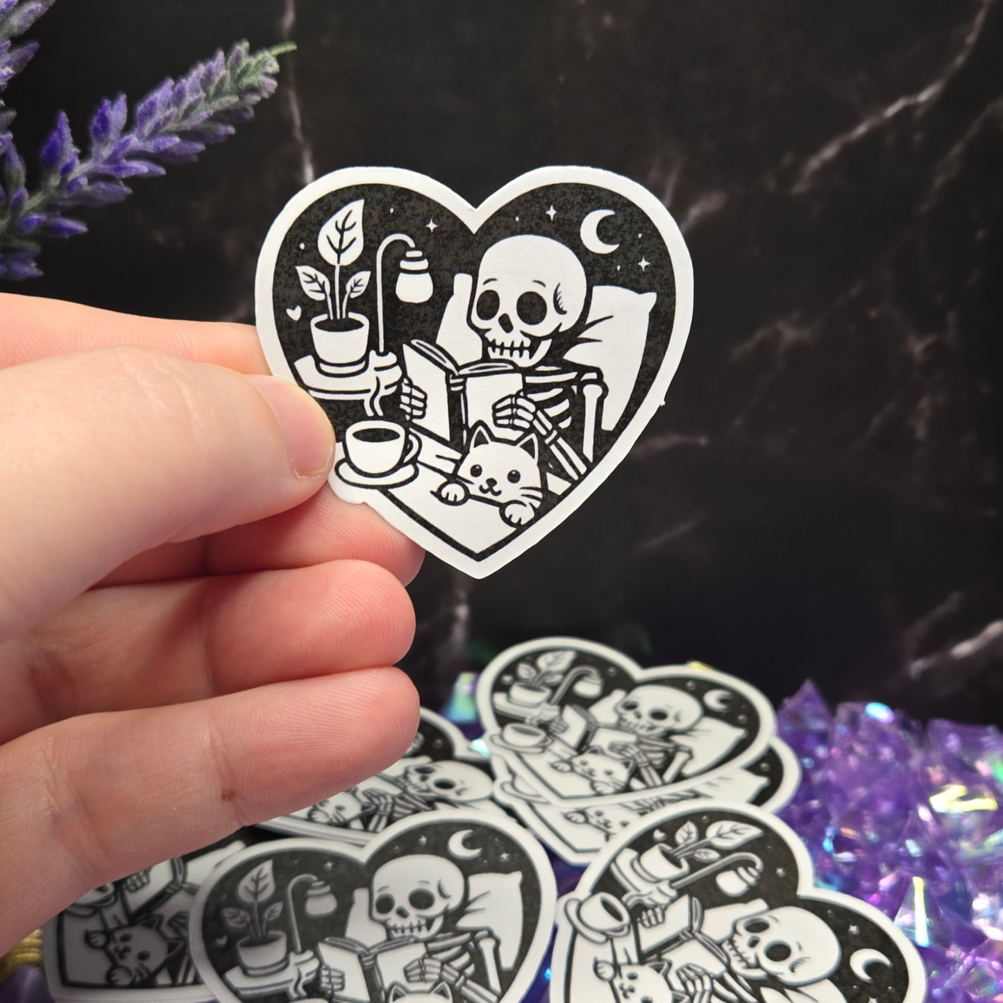 Cozy Skeleton Reading Sticker - Spooky Book Lover & Cat Friend Decal - Gothic Comfort Scene