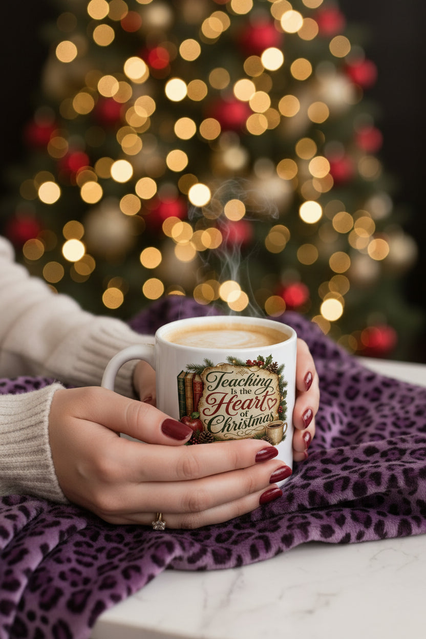 Teaching Is the Heart of Christmas Teacher Coffee Mug featuring the Teaching Is the Heart of Christmas design – styled holiday display