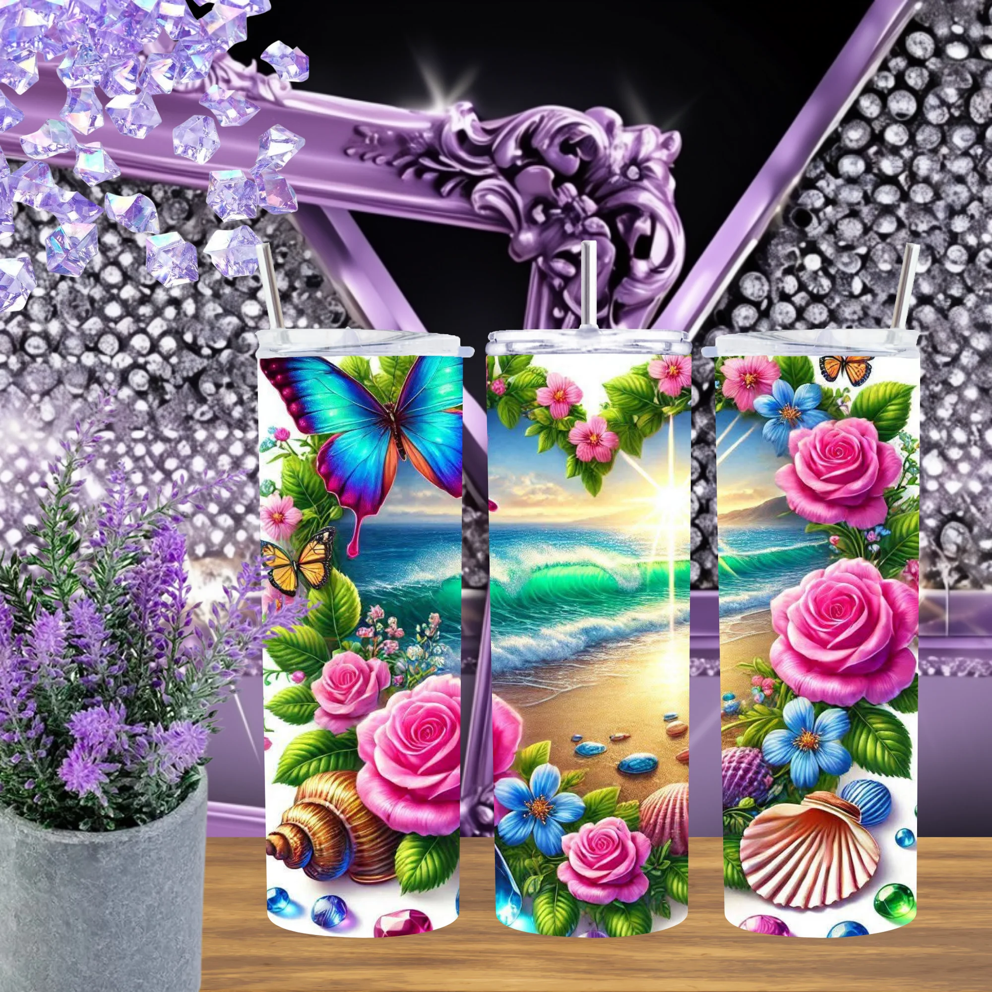 Sunset Butterfly Cove 20oz Tumbler With Pink Rose Beach And Tropical Floral Design Gift For Her by Marie Gems