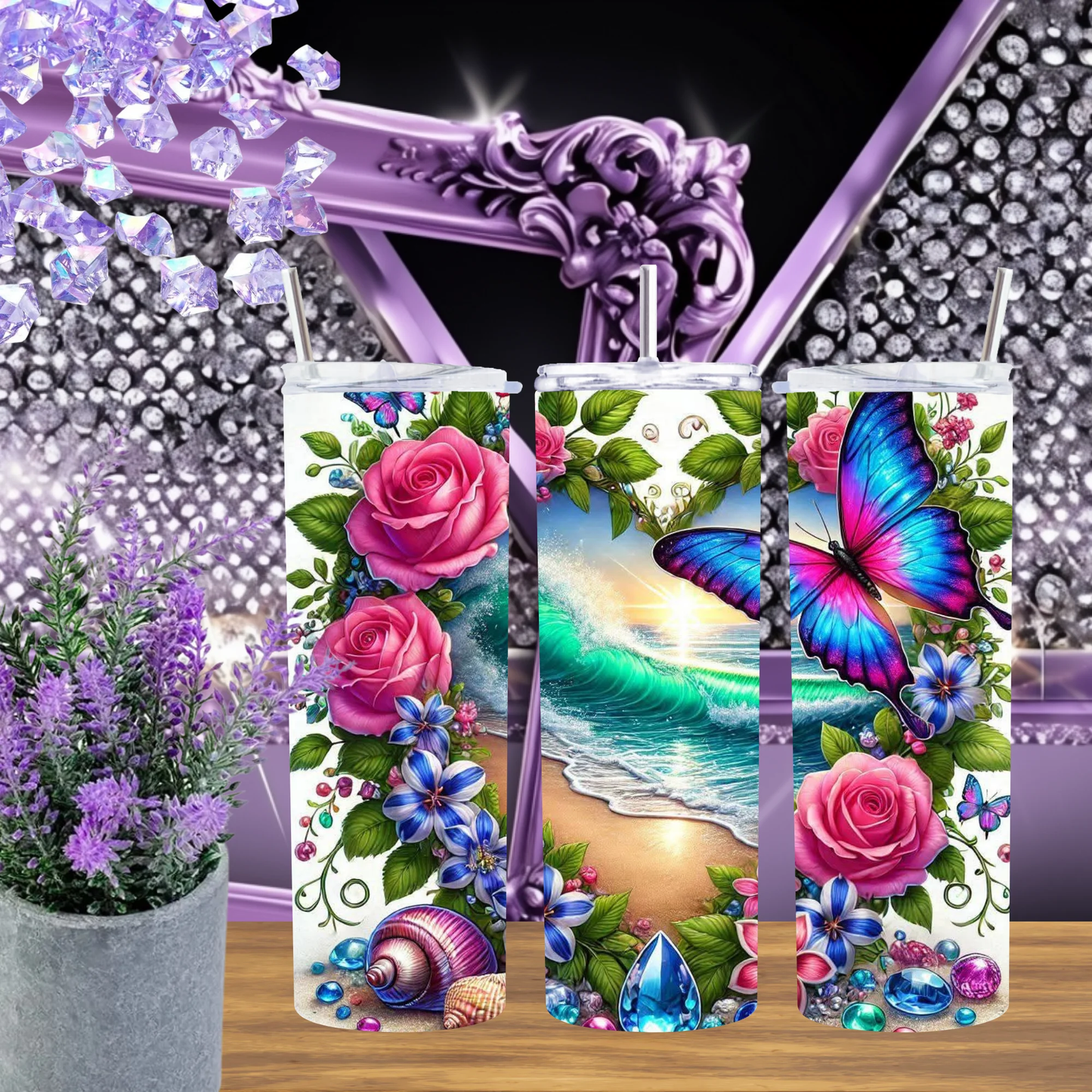 Floral Butterfly Wave 20oz Tumbler • Pink Rose Ocean 30oz Cup • Tropical Shoreline Drinkware • Beach Garden Gift for Her • Ethereal Blue Butterfly Mug by Marie Gems