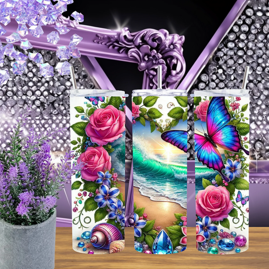 Floral Butterfly Wave 20oz Tumbler • Pink Rose Ocean 30oz Cup • Tropical Shoreline Drinkware • Beach Garden Gift for Her • Ethereal Blue Butterfly Mug by Marie Gems