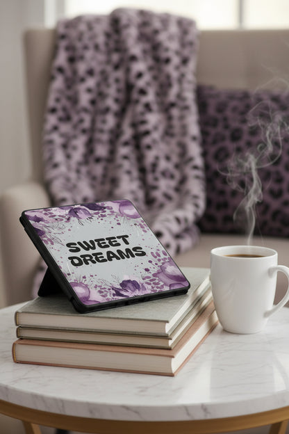 Sweet Dreams Handmade 7-Inch Kindle Paperwhite Case showing sweet dreams kindle case artwork with purple floral kindle cover, sweet dreams kindle case, personalized kindle case