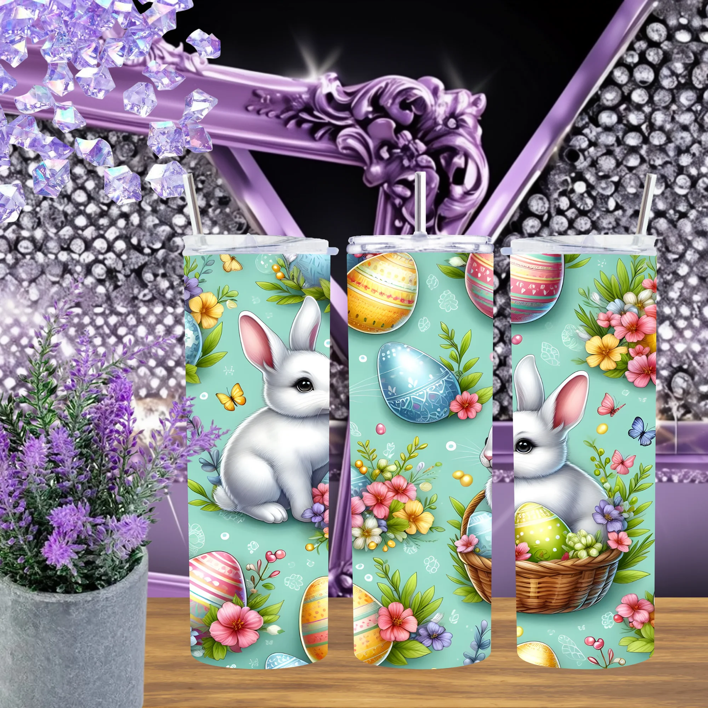 Teal Easter Bunny 20oz Tumbler Mint Green 30oz Cup Set Cute Rabbit Floral Drinkware For Spring Gift by Marie Gems