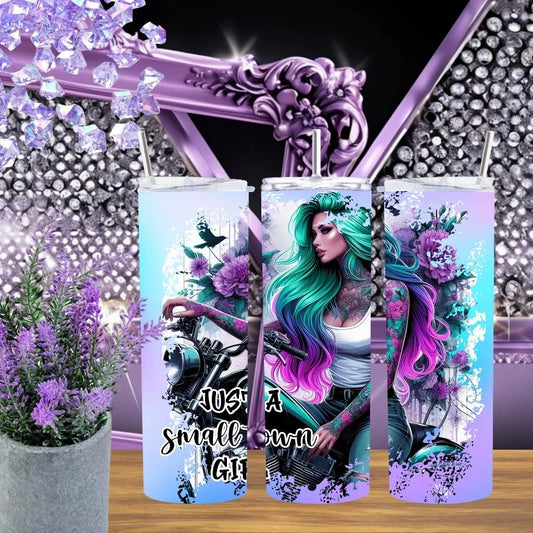 Biker Girl 20Oz Tumbler Stainless Steel Cup Handmade Purple Teal Aesthetic Edgy Drinkware Small Town Motorcycle Gift by Marie Gems