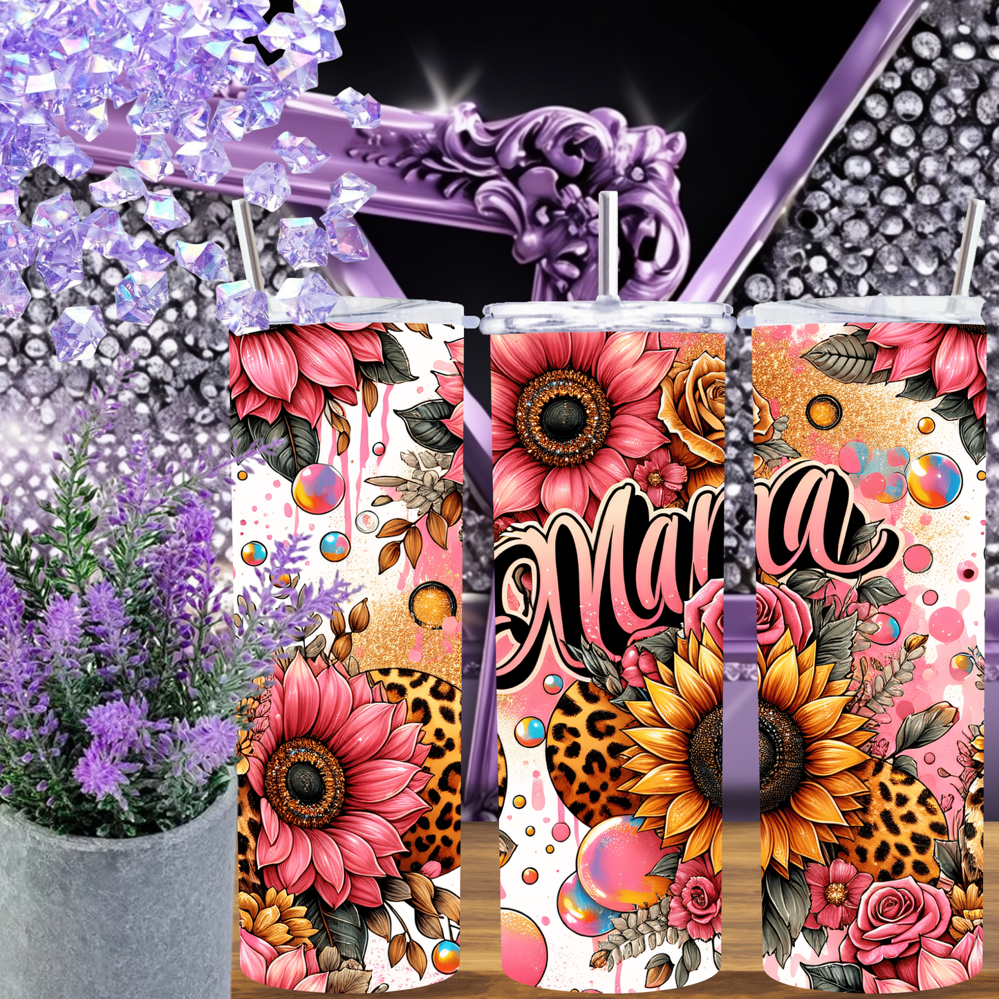 Mama Tumbler 20 oz – Leopard Sunflower Pink Floral Tumbler for Mom, Bold Skinny Cup with Lid & Straw, Mother’s Day Gift Idea