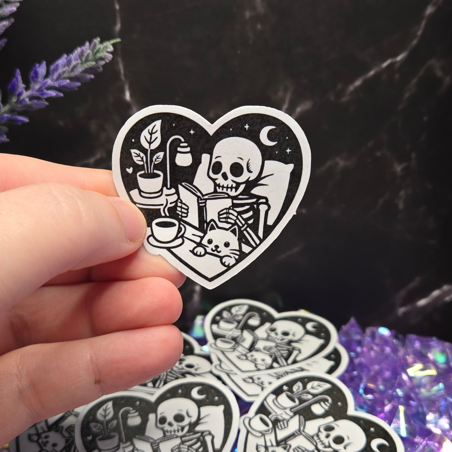 Cozy Skeleton Reading Sticker - Spooky Book Lover & Cat Friend Decal - Gothic Comfort Scene