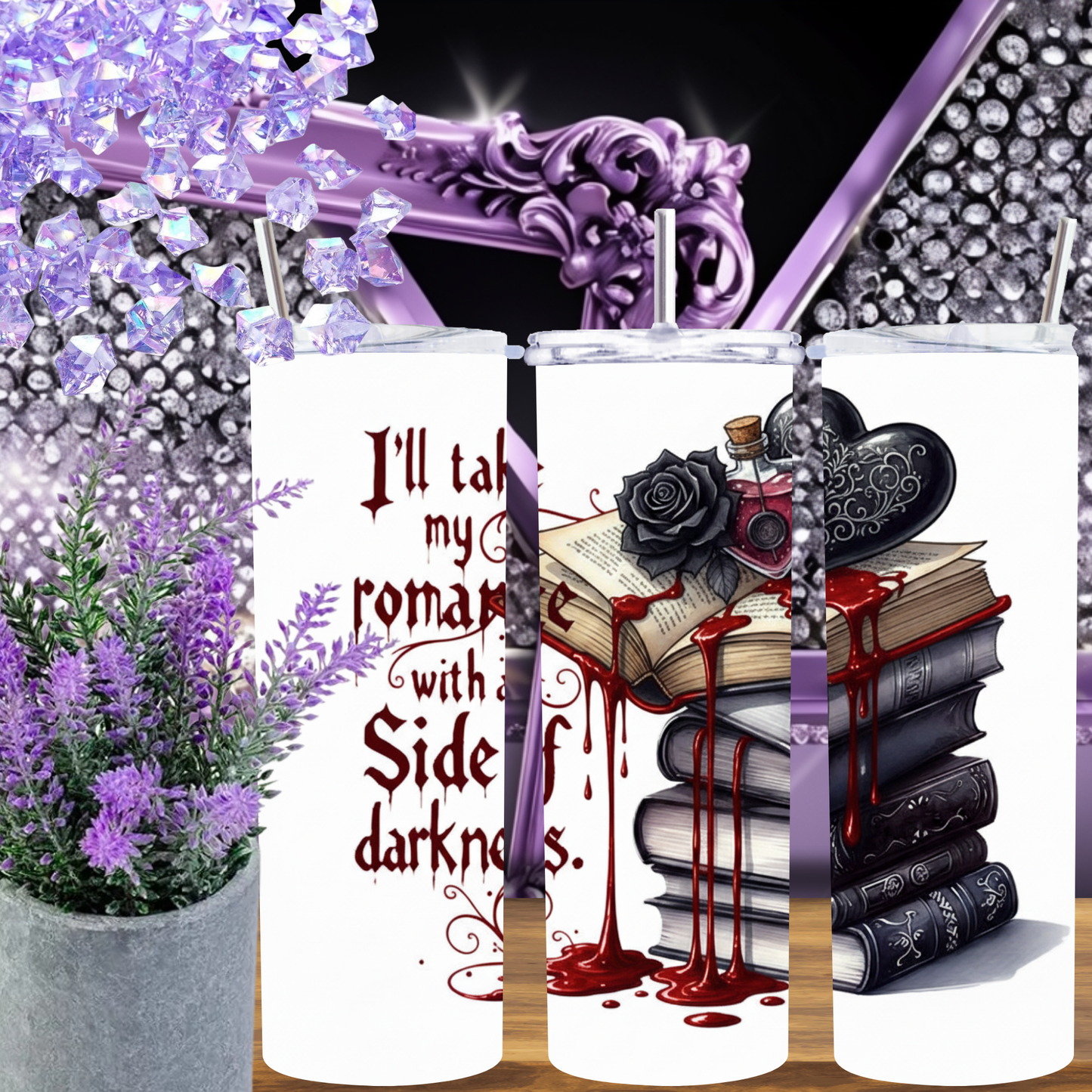 I'll Take My Romance with a Side of Darkness" 20oz Tumbler, Gothic Bookish Gift for Dark Romance Reader, Spooky Book Lover